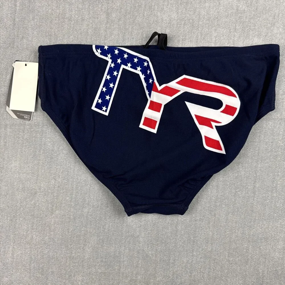 TYR Racer Brief Men's 36 Durafast One Blue Big Logo UPF 50+ Drawstring New